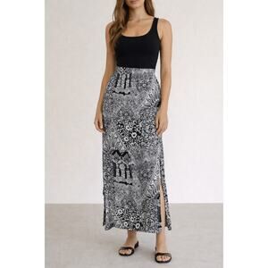 VTG Chico's Design Black White Ornate Tapestry Vintage High Waist Midi Skirt